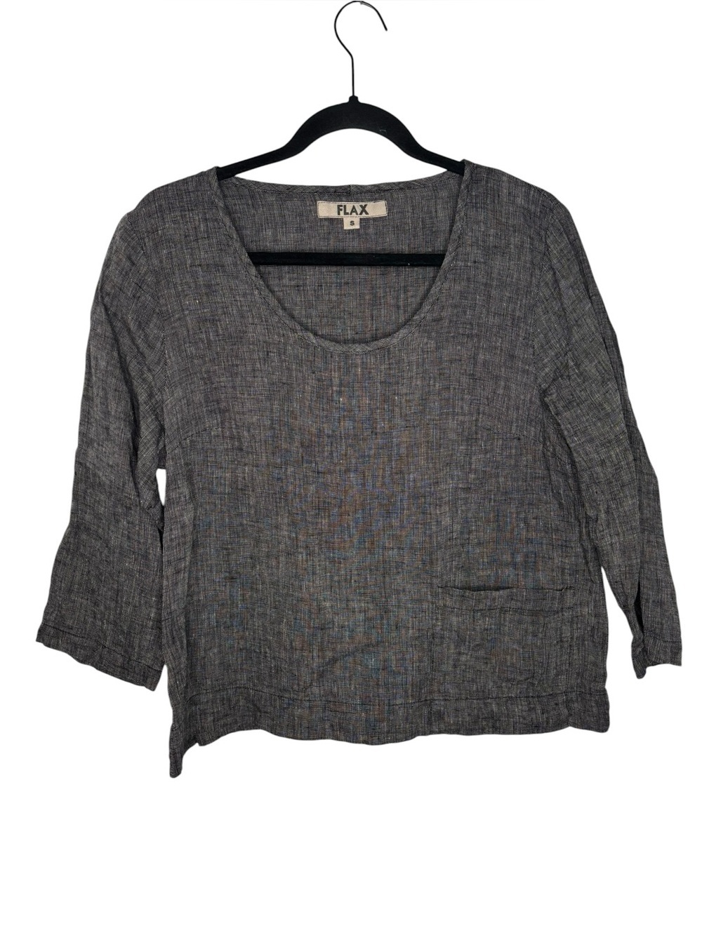 FLAX Linen Scoop Neck Three-quarter Sleeve Boxy Blouse Charcoal Small Lagenlook